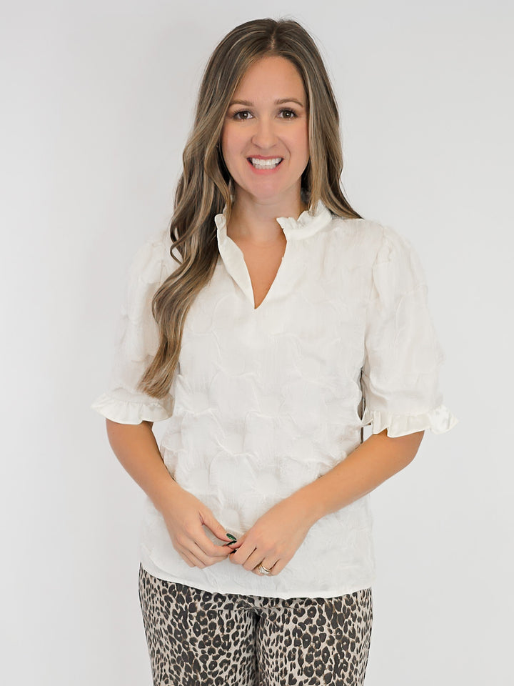 SATIN RUFFLED DETAIL DOTTED TEXTURED TOP - CREAM