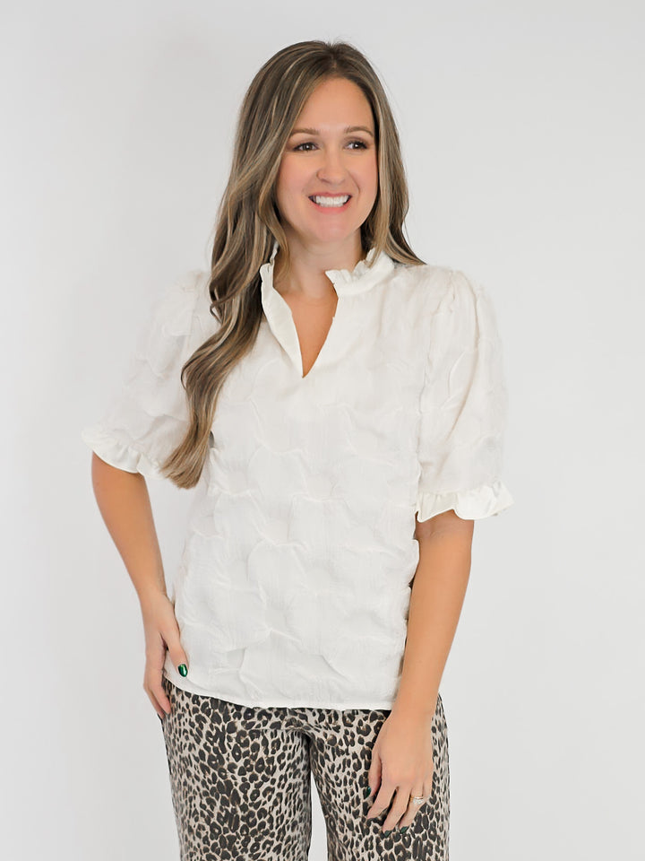 SATIN RUFFLED DETAIL DOTTED TEXTURED TOP - CREAM