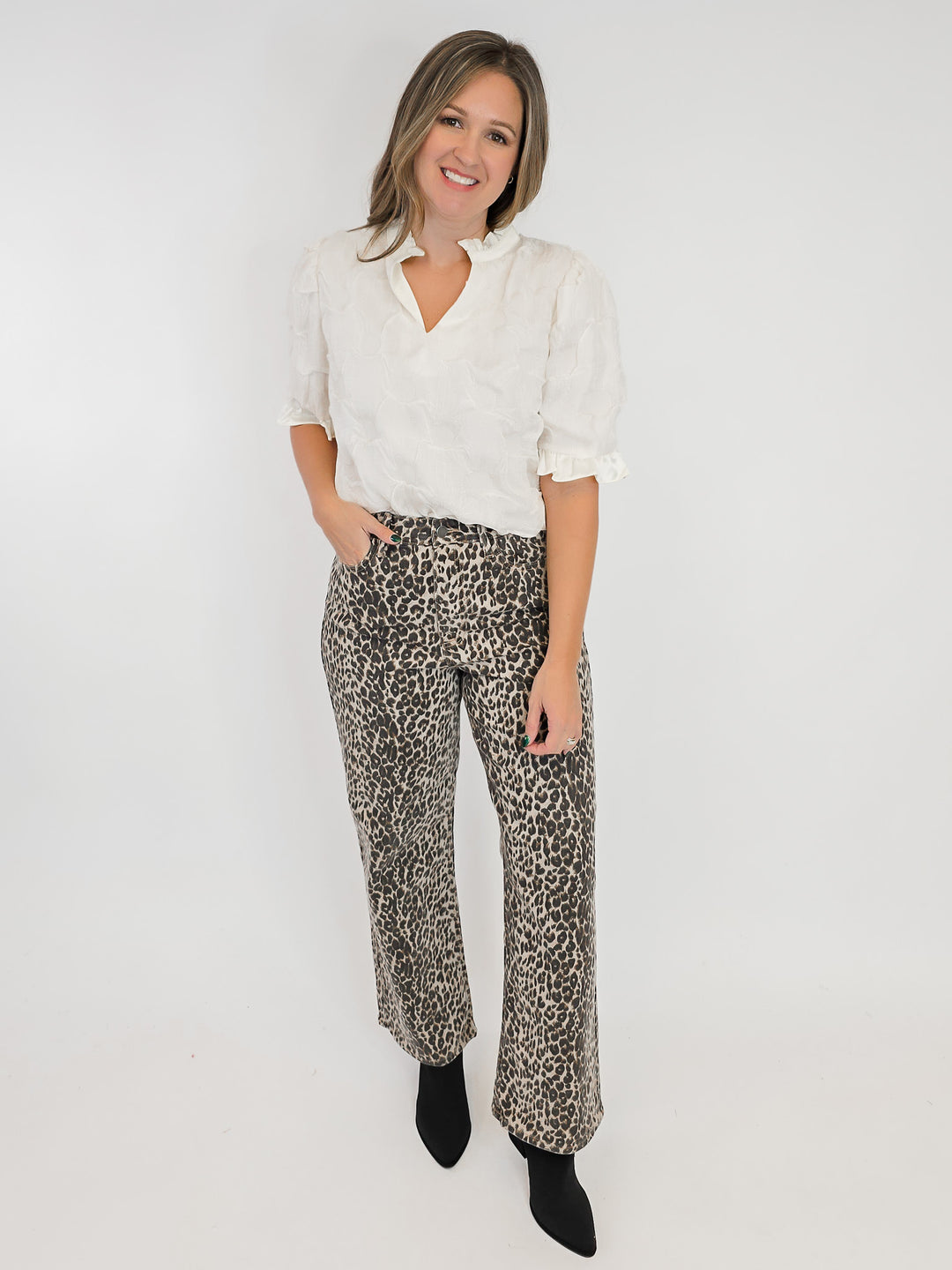 SATIN RUFFLED DETAIL DOTTED TEXTURED TOP - CREAM