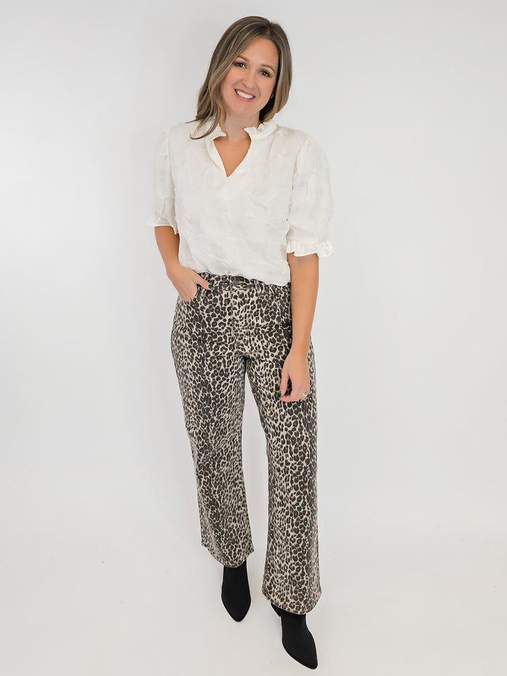 SATIN RUFFLED DETAIL DOTTED TEXTURED TOP - CREAM