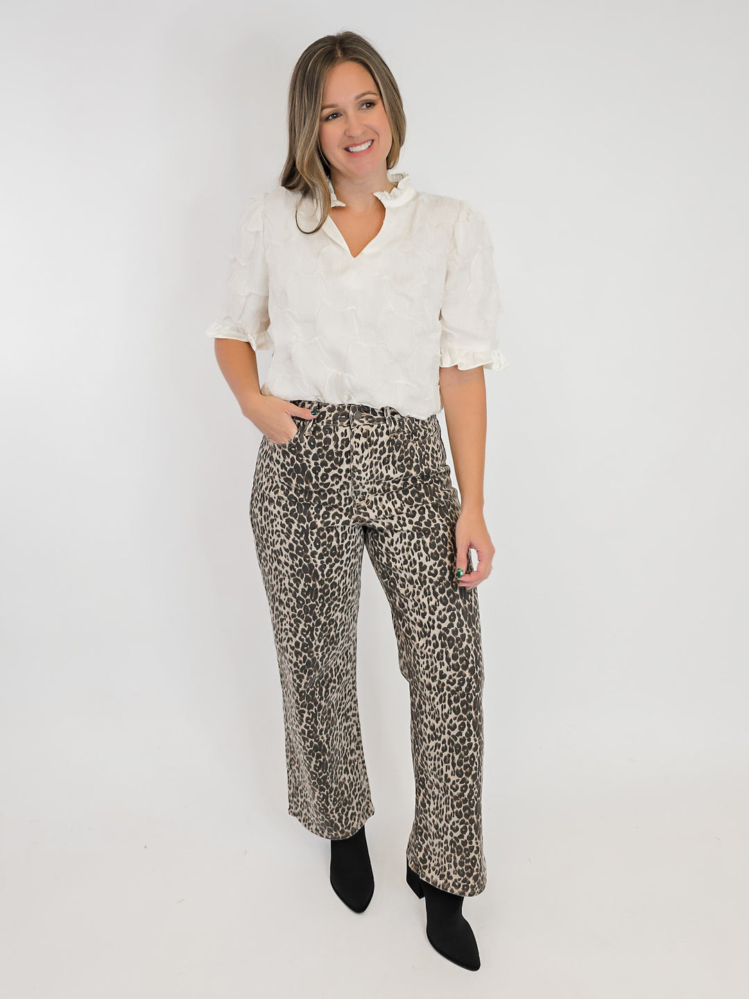 SATIN RUFFLED DETAIL DOTTED TEXTURED TOP - CREAM