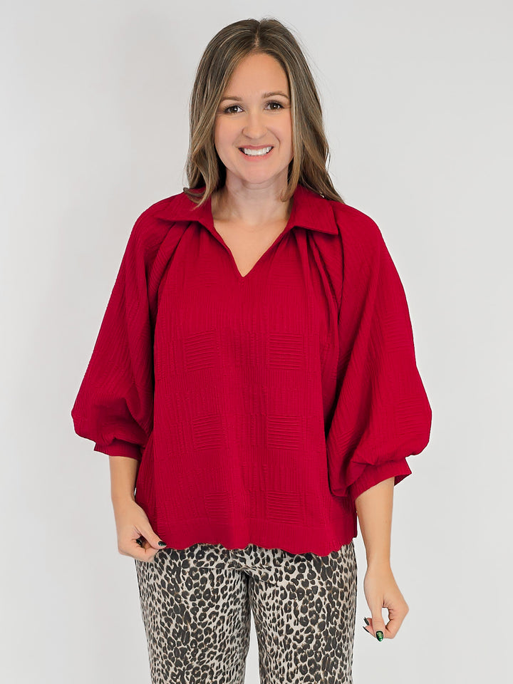 TEXTURED V-NECK COLLARED BLOUSE - CRIMSON