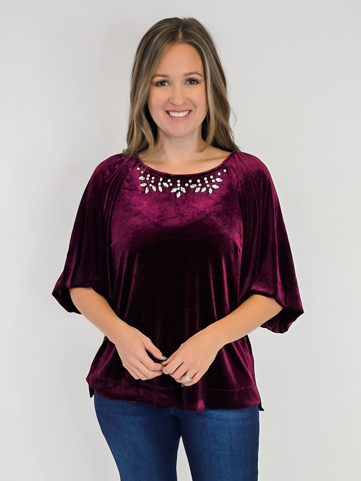 VELVET HALF BALLOON SLEEVE TOP W/RHINESTONES - WINE