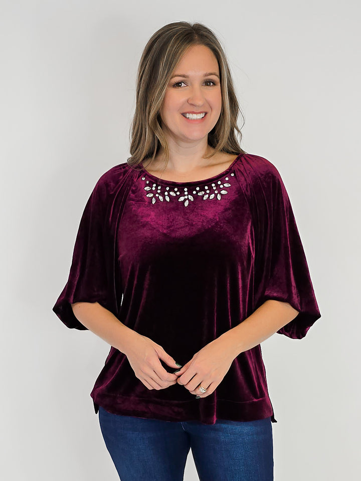 VELVET HALF BALLOON SLEEVE TOP W/RHINESTONES - WINE