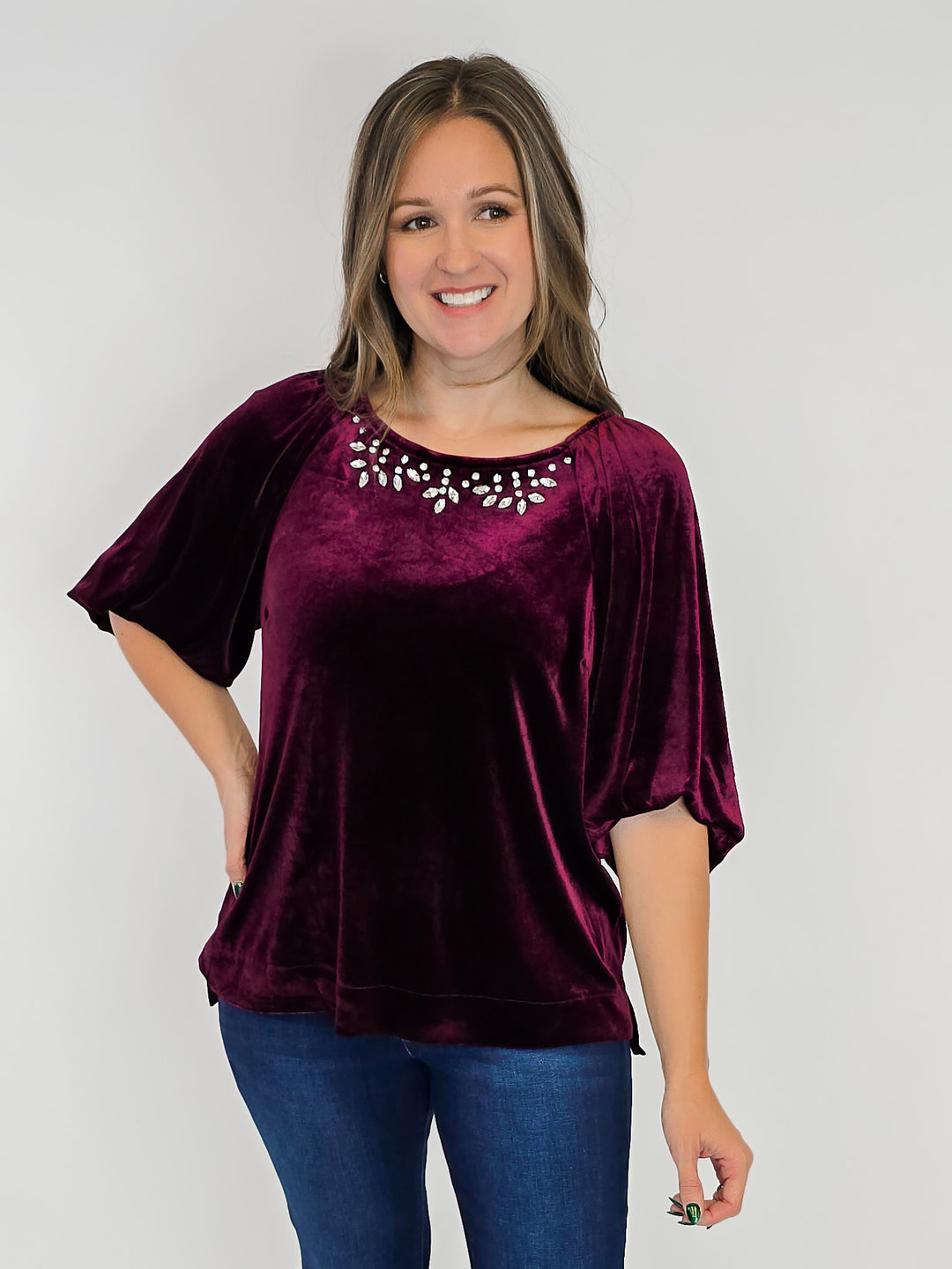 VELVET HALF BALLOON SLEEVE TOP W/RHINESTONES - WINE
