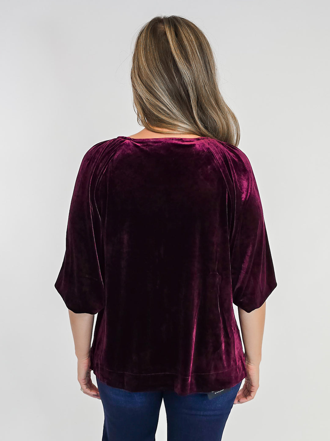 VELVET HALF BALLOON SLEEVE TOP W/RHINESTONES - WINE