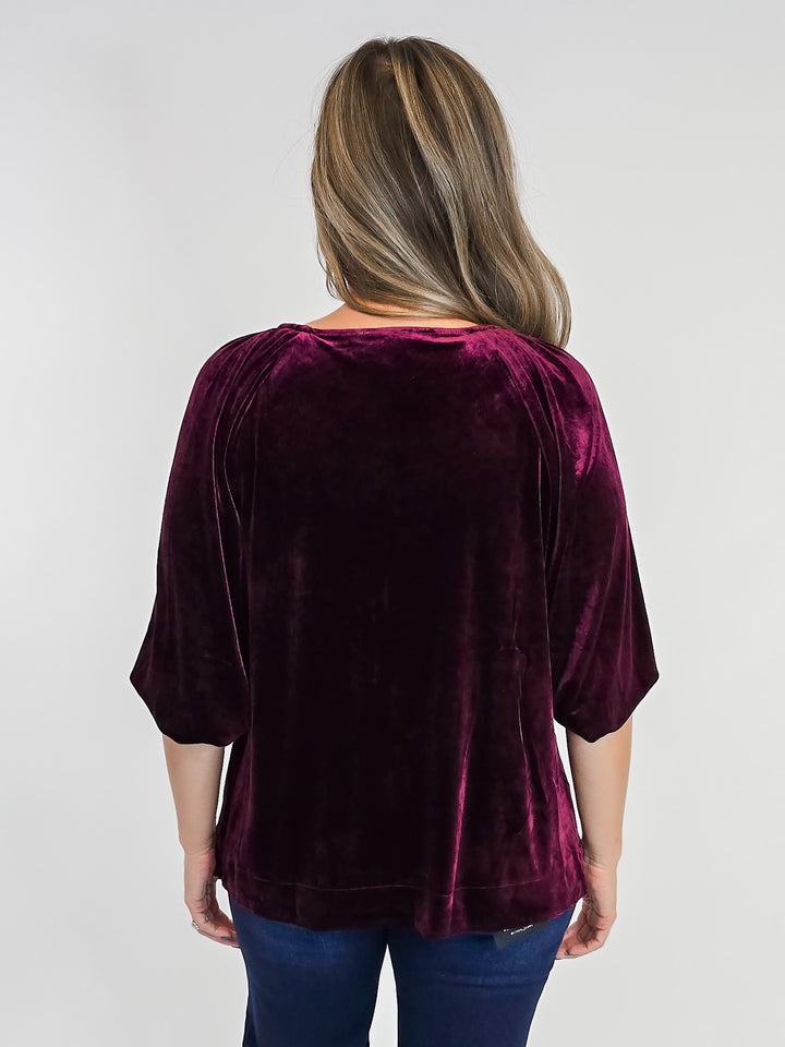 VELVET HALF BALLOON SLEEVE TOP W/RHINESTONES - WINE