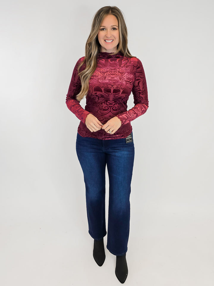 ABSTRACT PRINT BURNOUT VELVET MOCK NECK TOP - WINE
