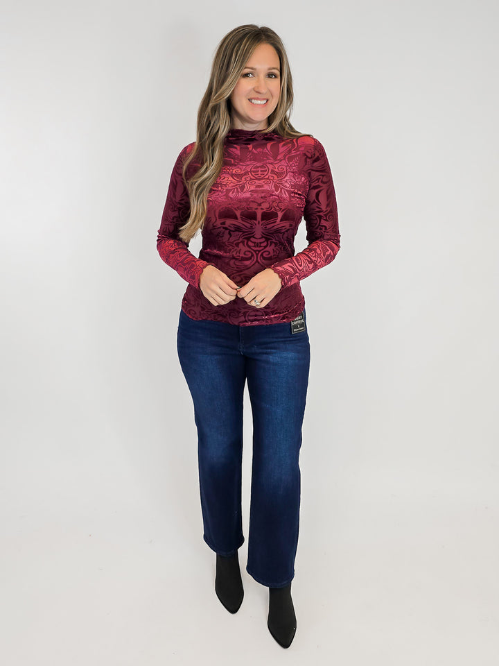 ABSTRACT PRINT BURNOUT VELVET MOCK NECK TOP - WINE