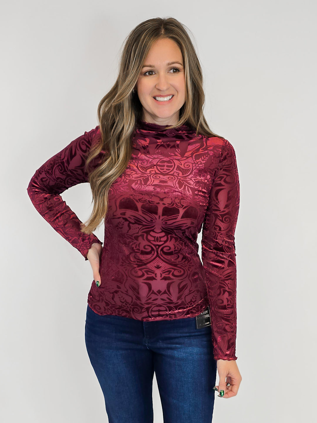 ABSTRACT PRINT BURNOUT VELVET MOCK NECK TOP - WINE