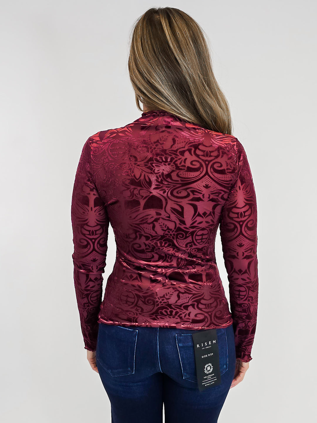 ABSTRACT PRINT BURNOUT VELVET MOCK NECK TOP - WINE