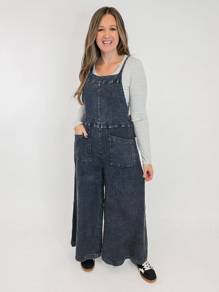 WASHED COTTON WIDE LEG JUMPSUIT - FADED DENIM