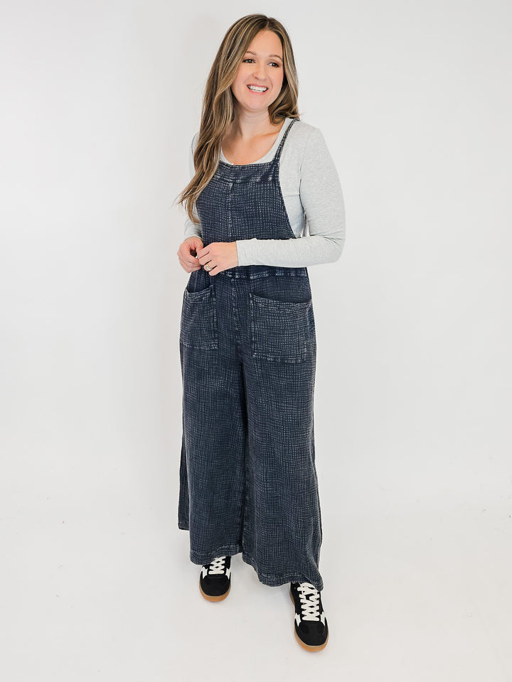 WASHED COTTON WIDE LEG JUMPSUIT - FADED DENIM