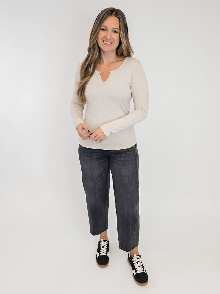 ULTRA SOFT NOTCHED NECK LONG SLEEVE TEE - OATMEAL