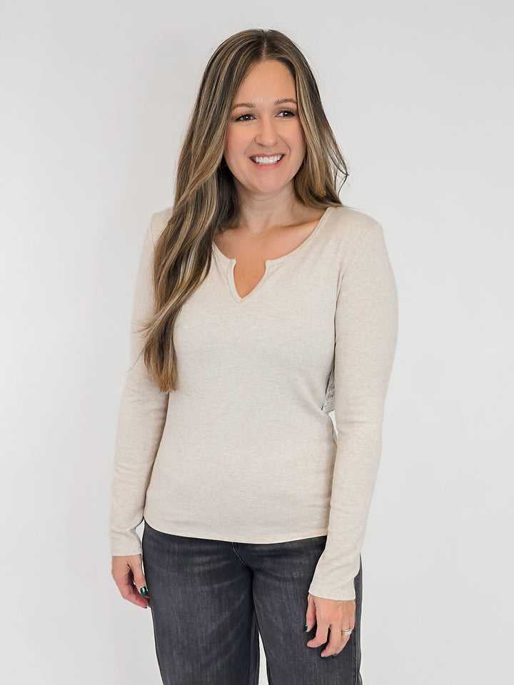 ULTRA SOFT NOTCHED NECK LONG SLEEVE TEE - OATMEAL