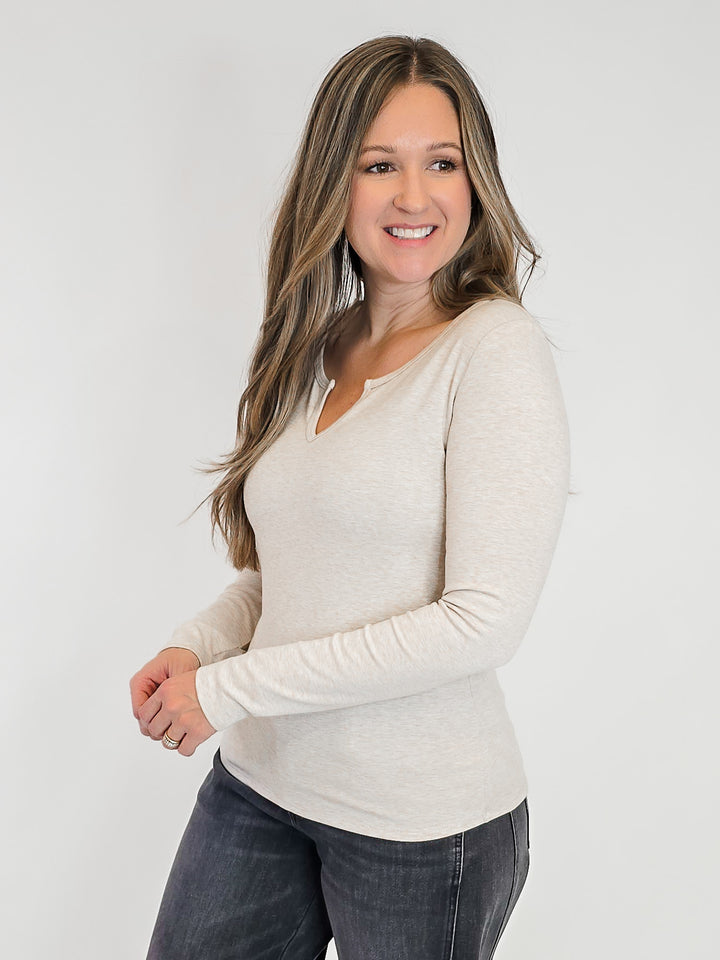 ULTRA SOFT NOTCHED NECK LONG SLEEVE TEE - OATMEAL