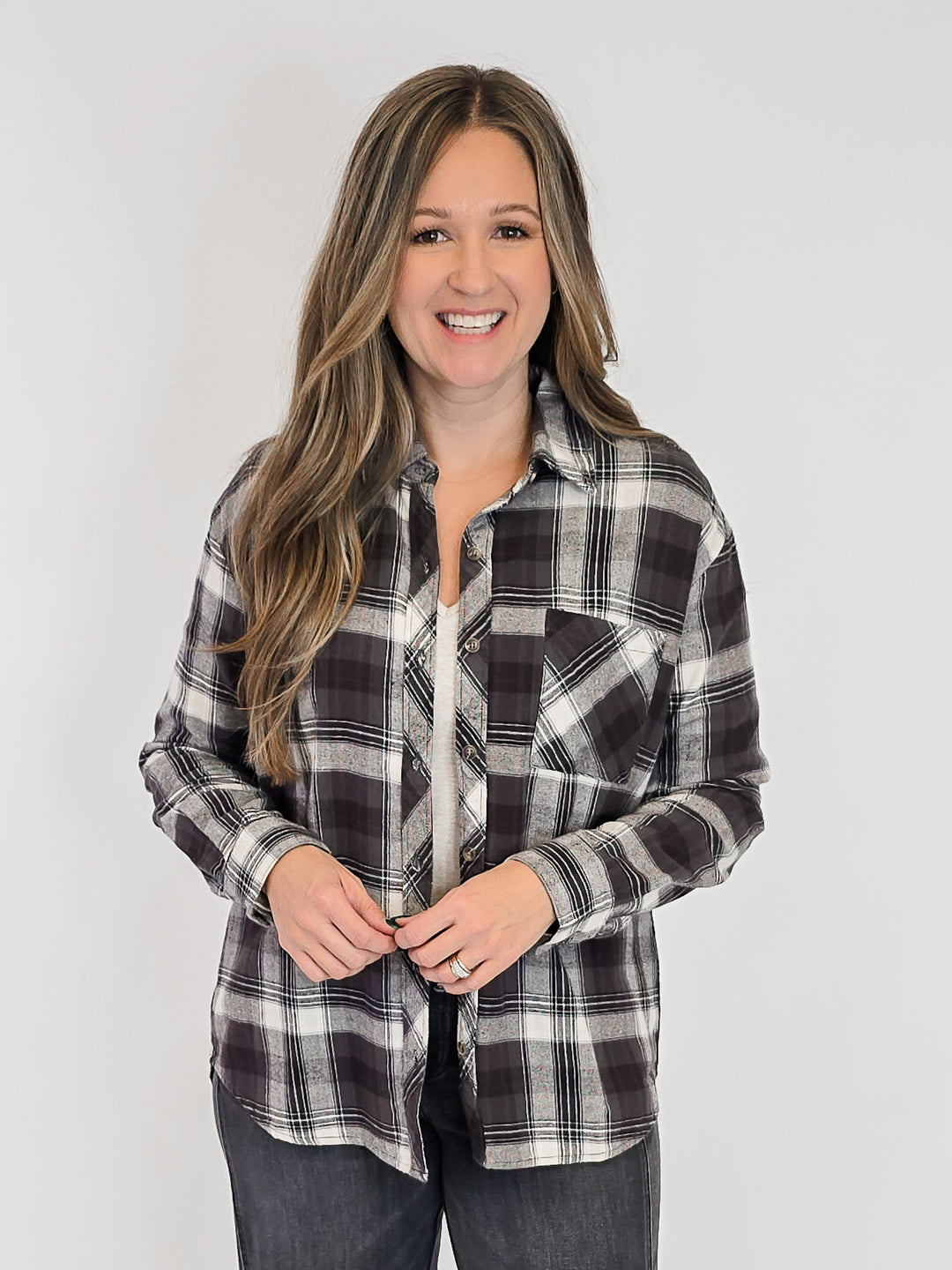 CLASSIC PLAID LONG SLEEVE BUTTON UP SHIRT - KHAKI/BLACK