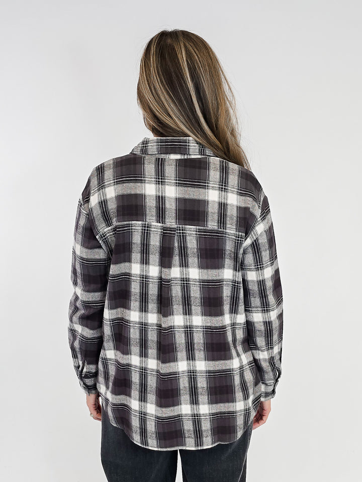 CLASSIC PLAID LONG SLEEVE BUTTON UP SHIRT - KHAKI/BLACK