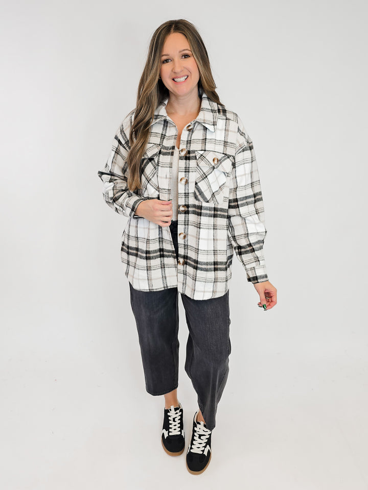 BUTTON FRONT PLAID SHACKET - BEIGE/BLACK