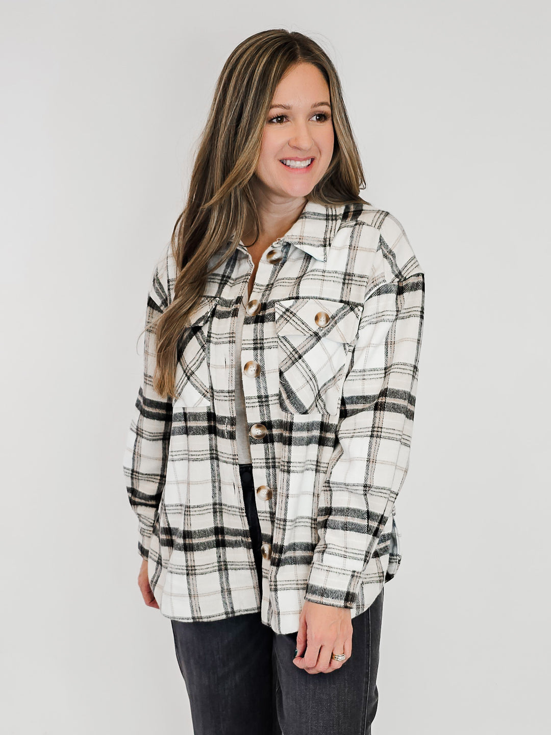 BUTTON FRONT PLAID SHACKET - BEIGE/BLACK