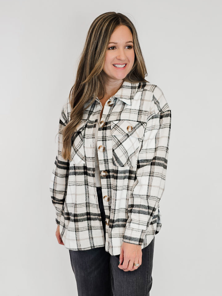 BUTTON FRONT PLAID SHACKET - BEIGE/BLACK