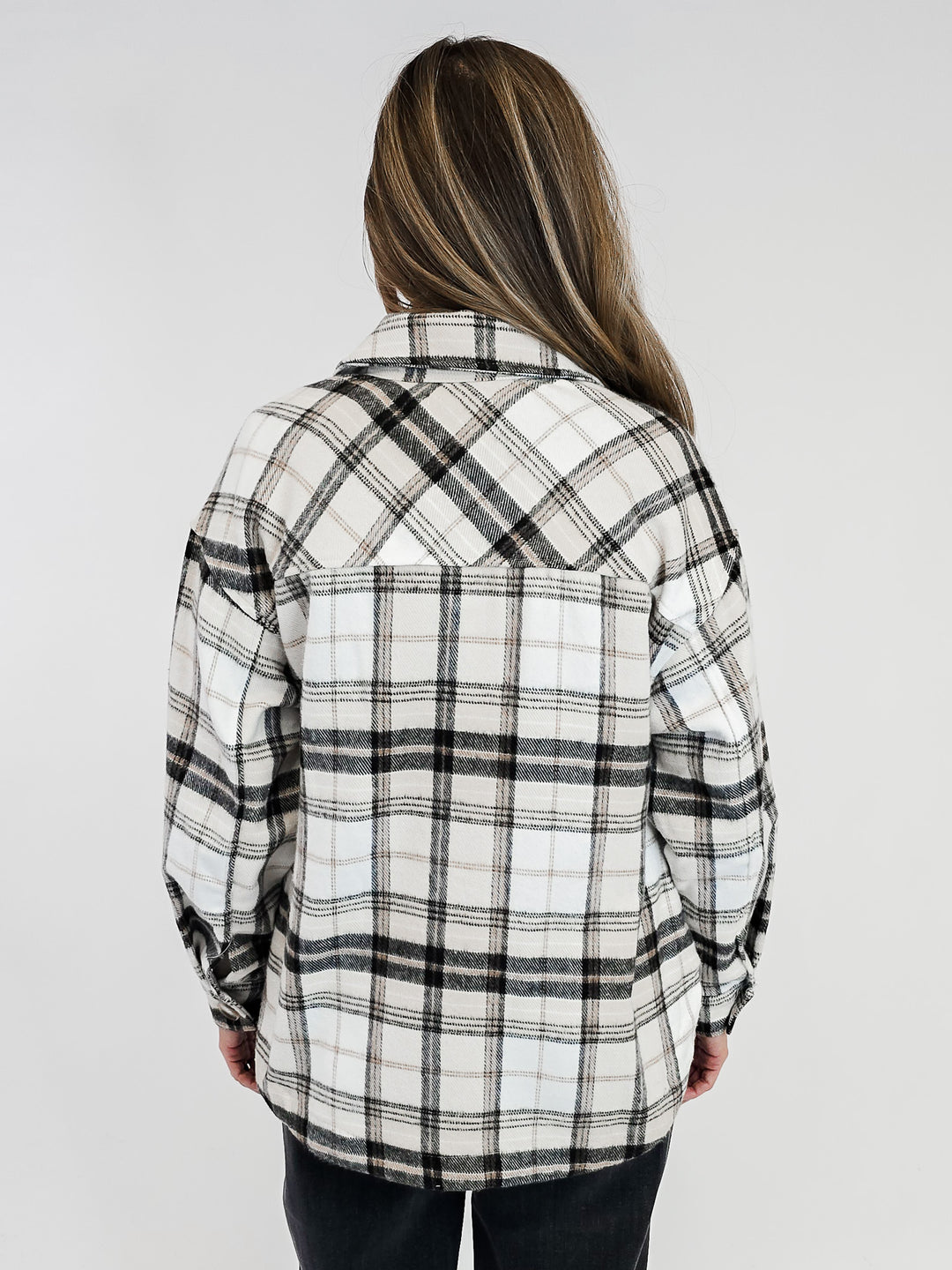 BUTTON FRONT PLAID SHACKET - BEIGE/BLACK