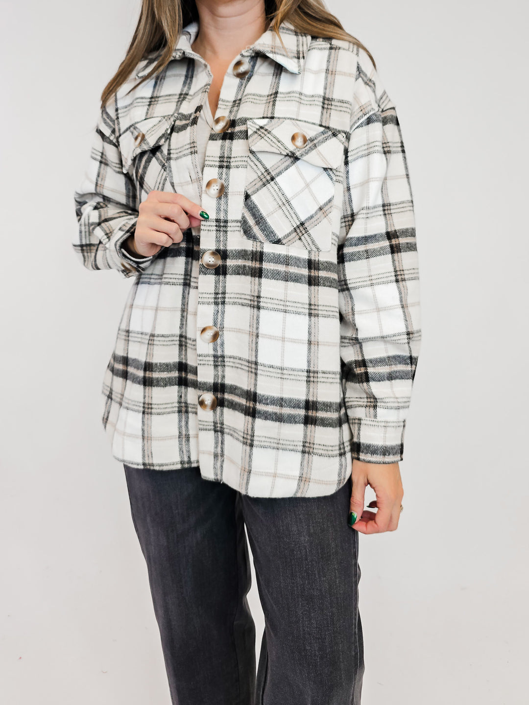 BUTTON FRONT PLAID SHACKET - BEIGE/BLACK