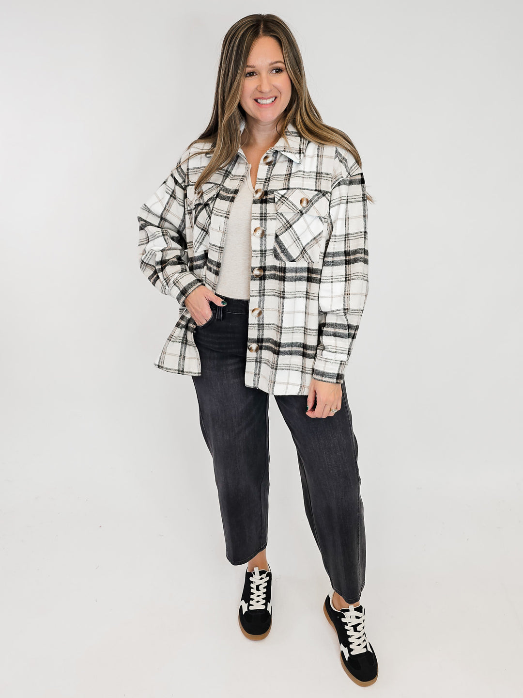 BUTTON FRONT PLAID SHACKET - BEIGE/BLACK