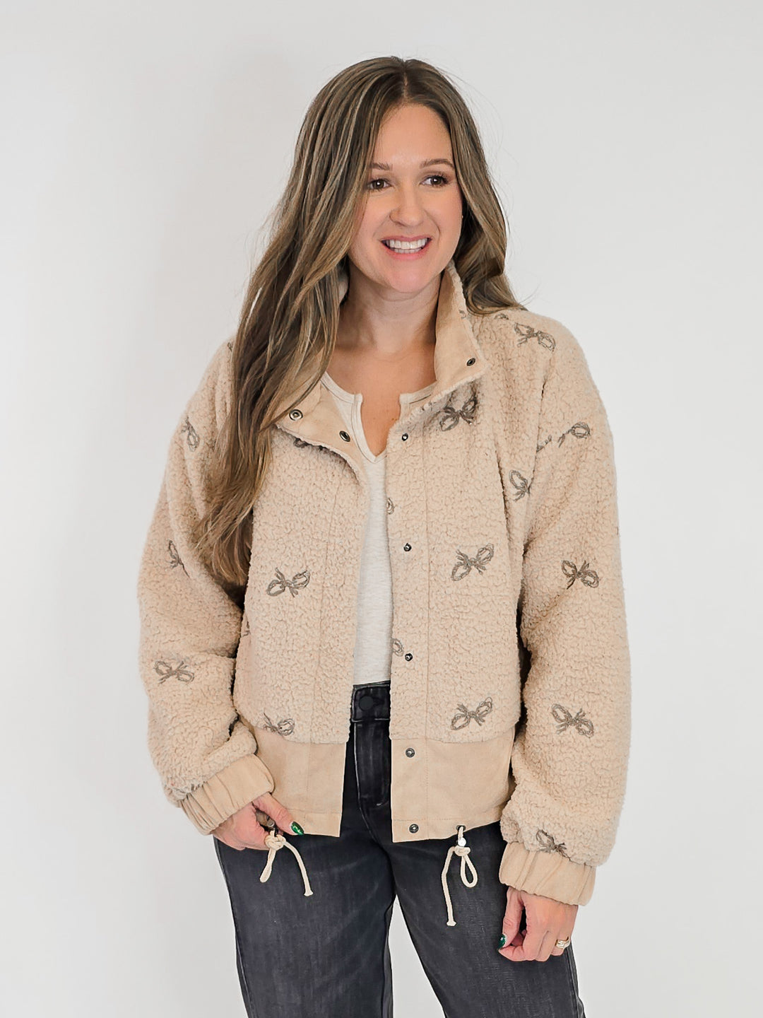 BOW EMBROIDEREY MIXED JACKET - OATMEAL
