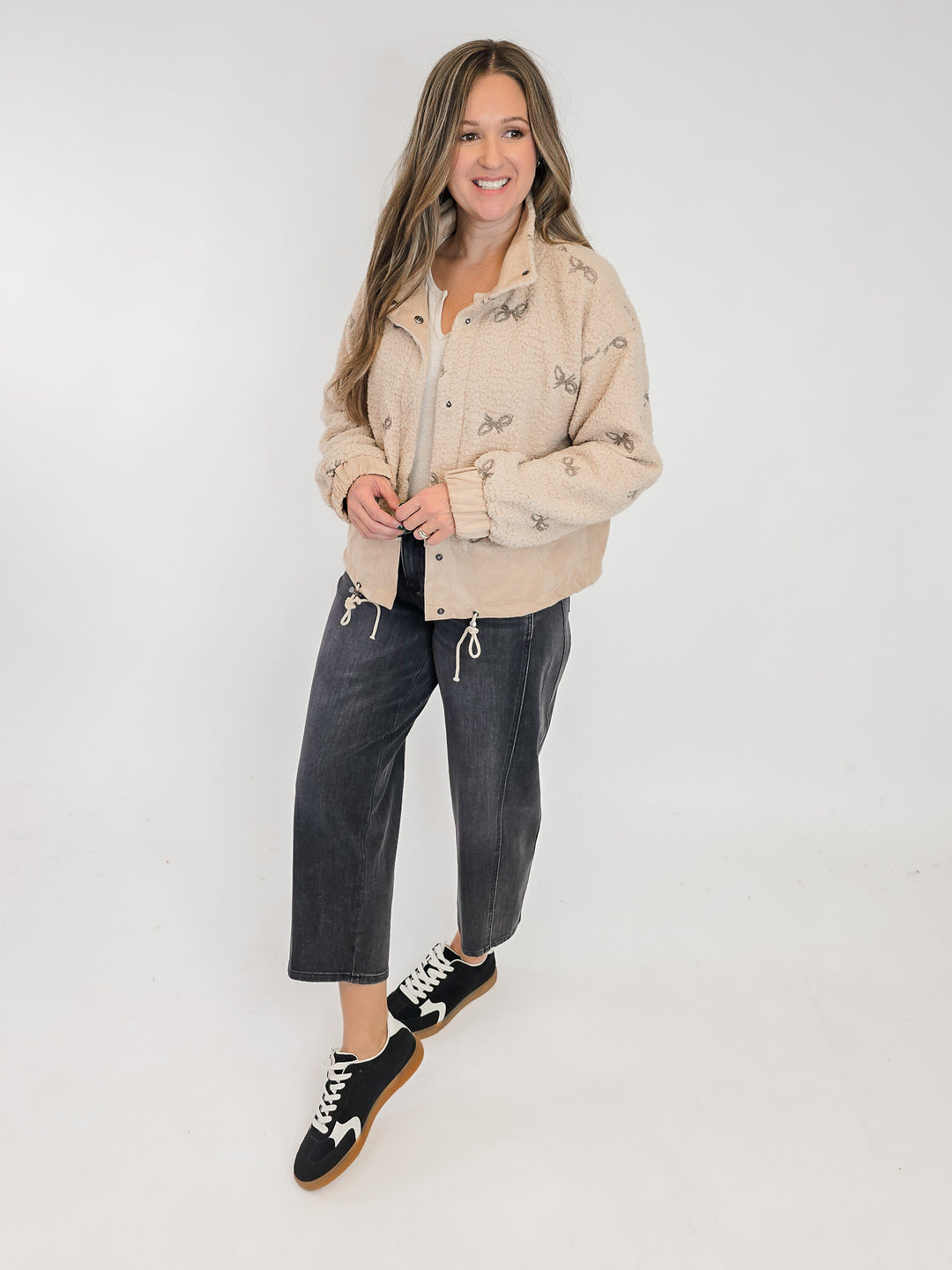 BOW EMBROIDEREY MIXED JACKET - OATMEAL