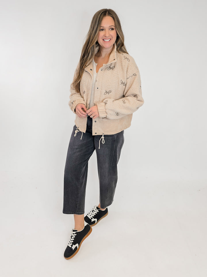 BOW EMBROIDEREY MIXED JACKET - OATMEAL