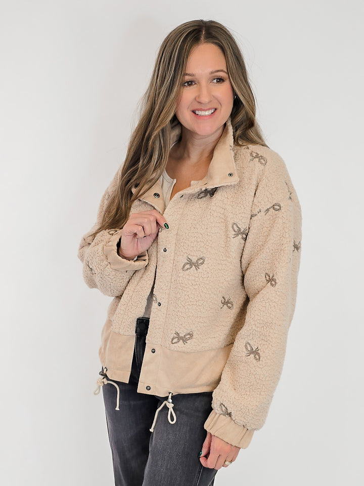 BOW EMBROIDEREY MIXED JACKET - OATMEAL