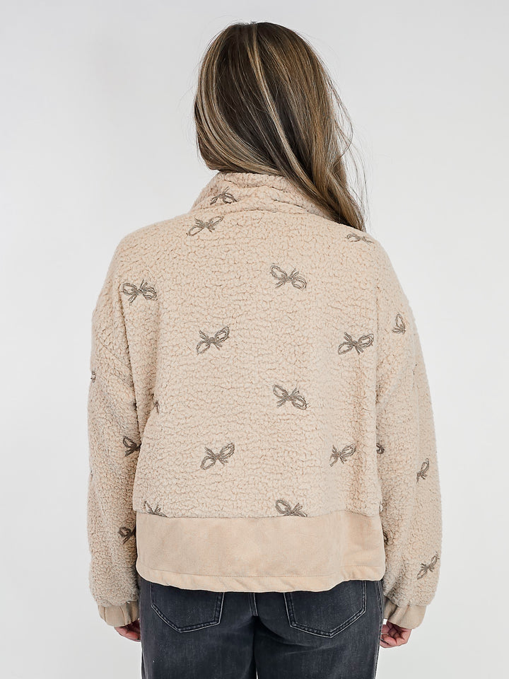 BOW EMBROIDEREY MIXED JACKET - OATMEAL