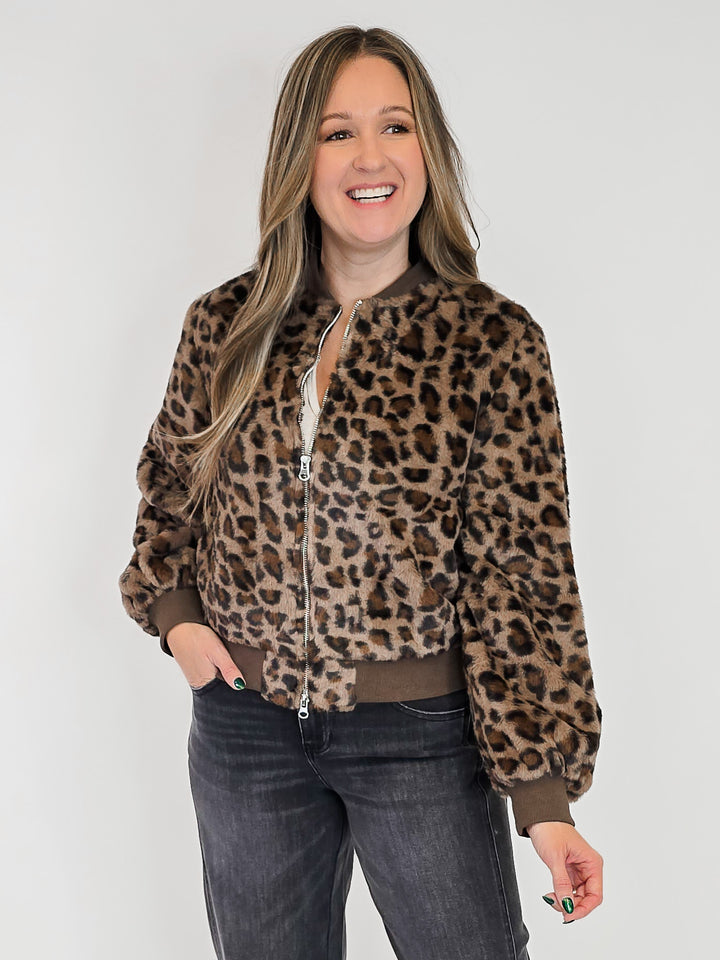 LEOPARD PRINT FUR BOMBER JACKET - BROWN