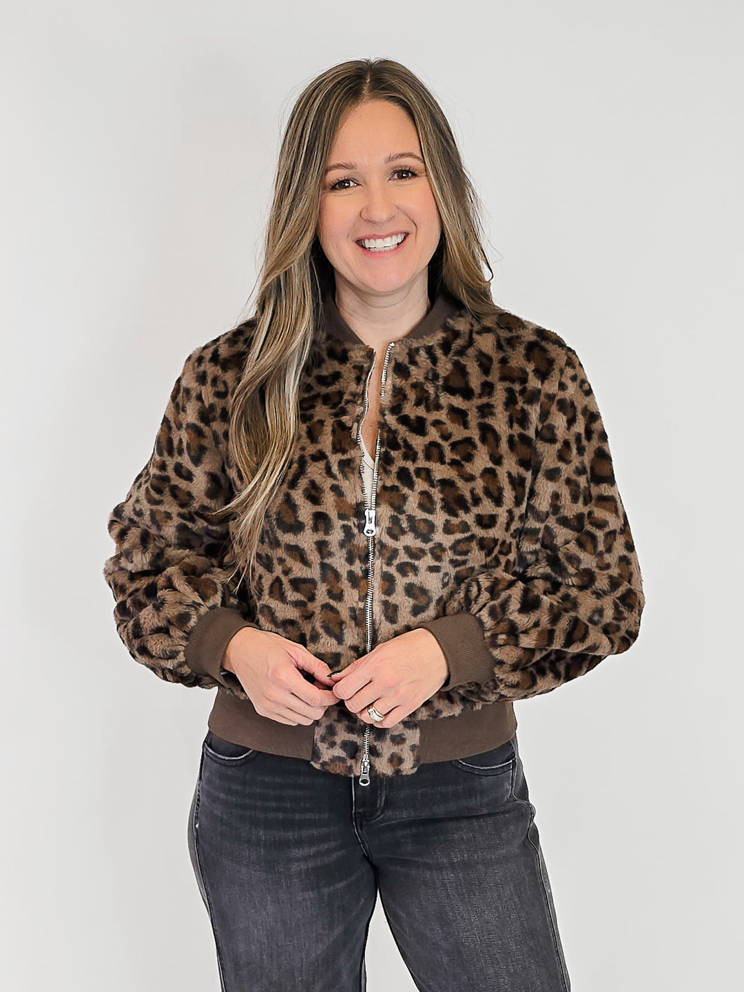 LEOPARD PRINT FUR BOMBER JACKET - BROWN