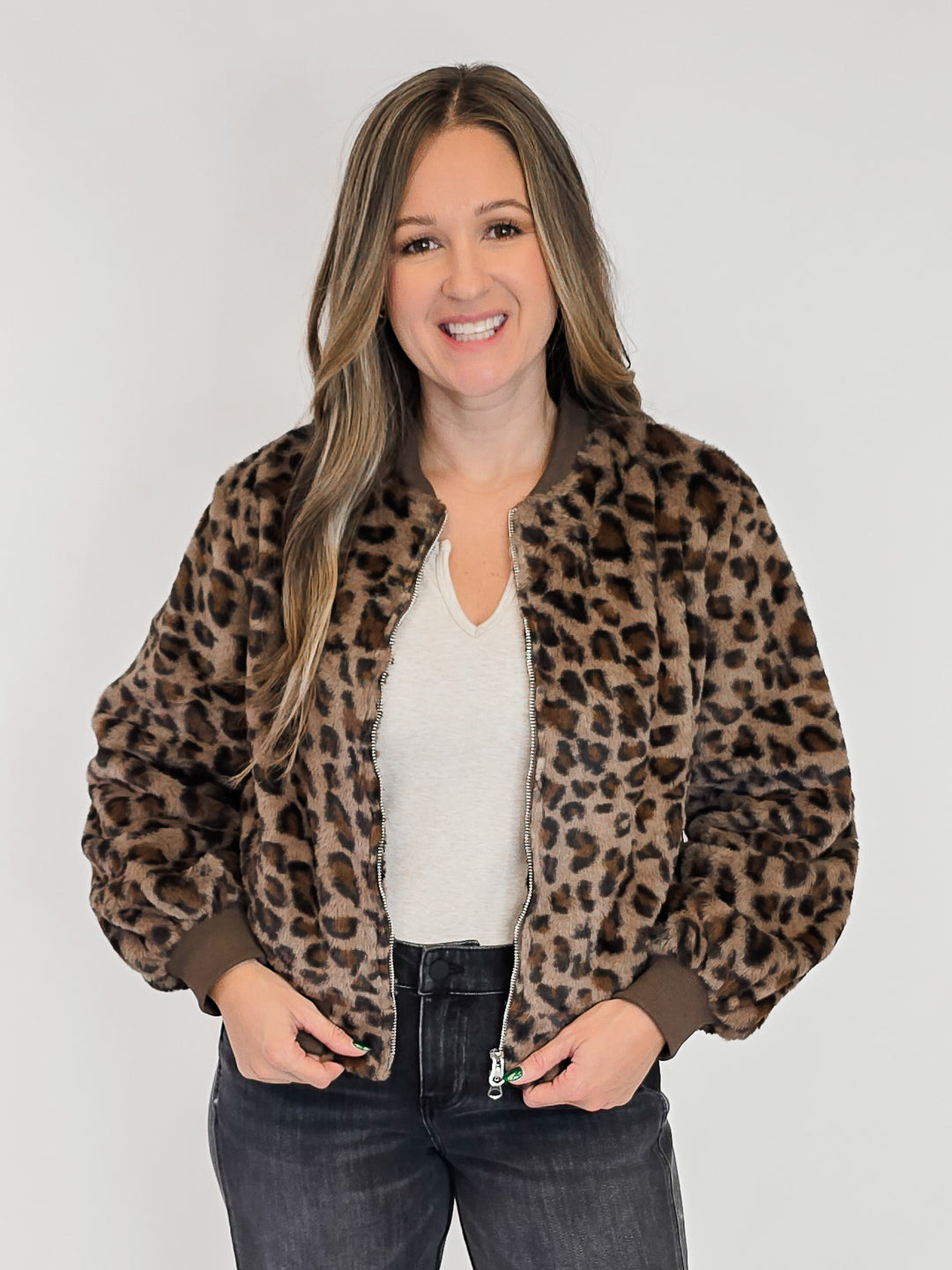 LEOPARD PRINT FUR BOMBER JACKET - BROWN