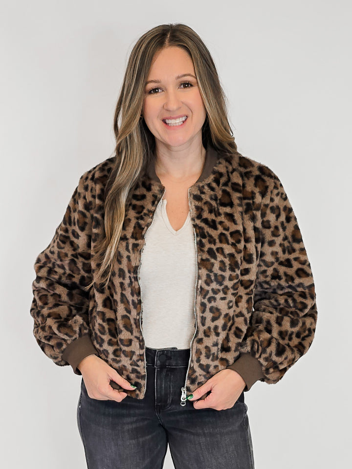 LEOPARD PRINT FUR BOMBER JACKET - BROWN