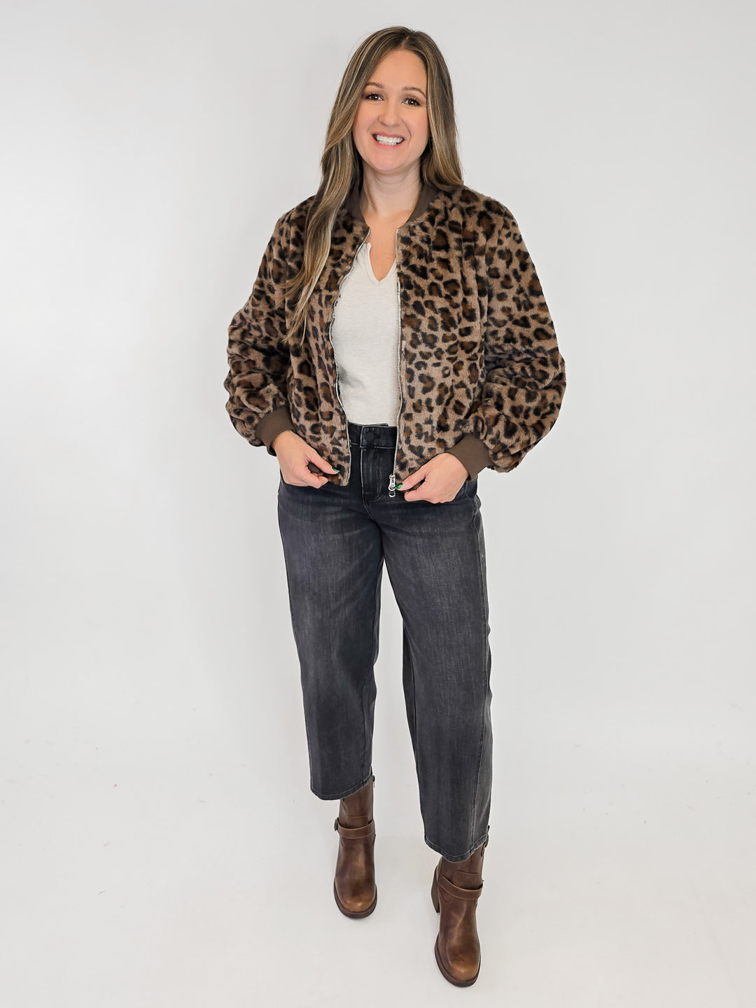 LEOPARD PRINT FUR BOMBER JACKET - BROWN