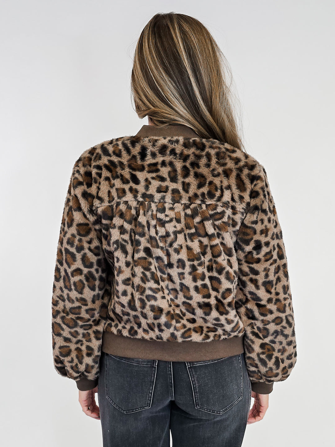 LEOPARD PRINT FUR BOMBER JACKET - BROWN