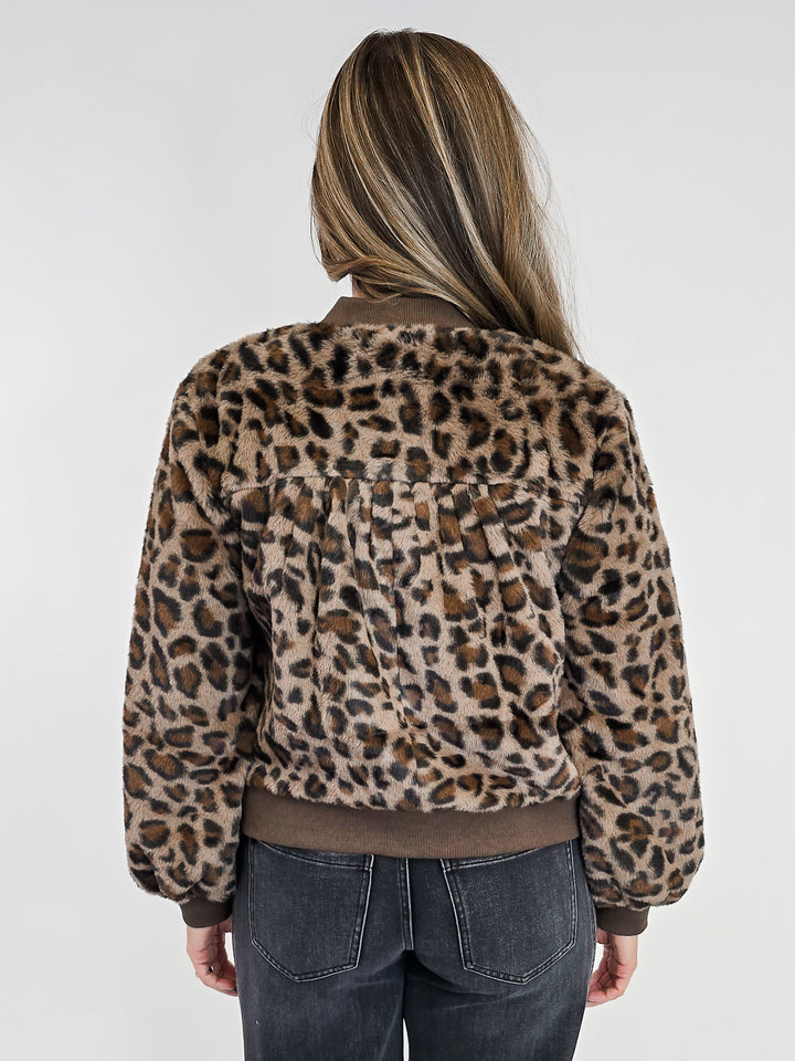 LEOPARD PRINT FUR BOMBER JACKET - BROWN