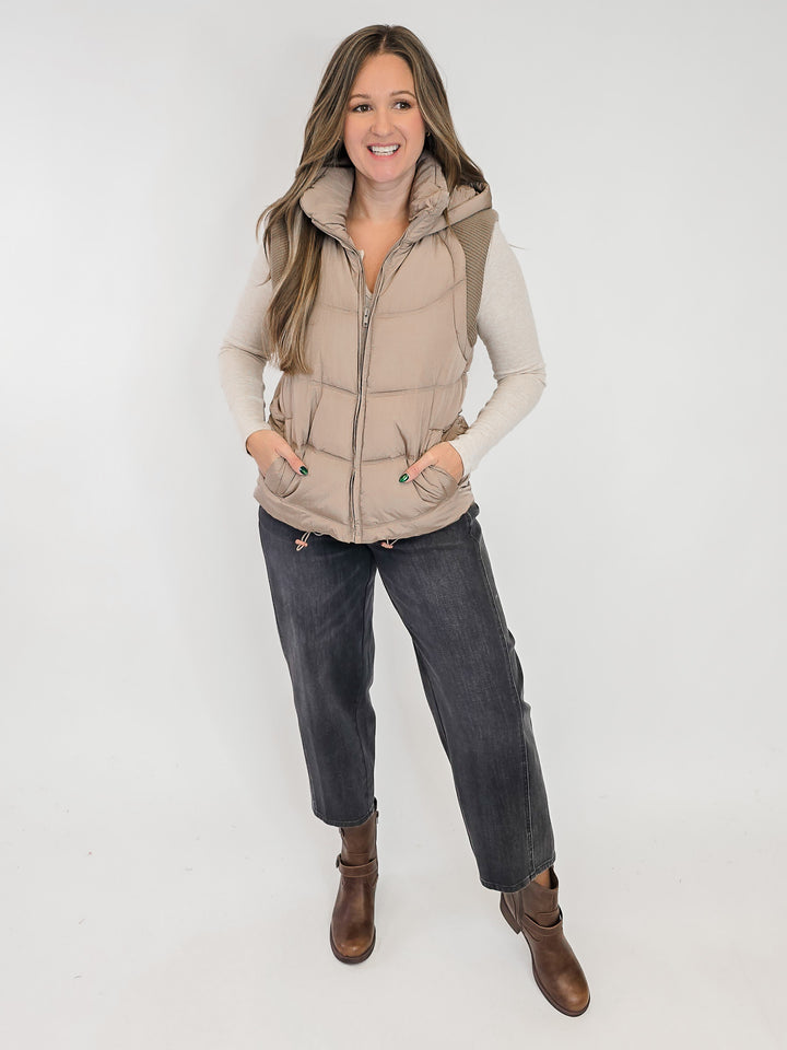 HOODED PUFFER VEST W/SWEATER RIB DETAIL - TAUPE