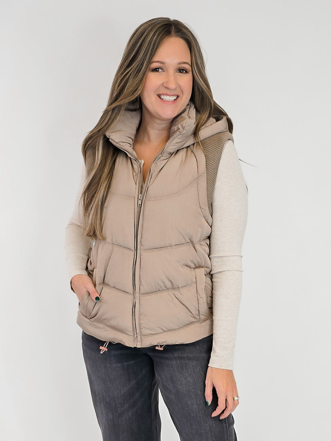 HOODED PUFFER VEST W/SWEATER RIB DETAIL - TAUPE