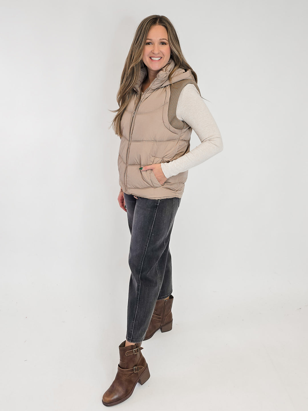 HOODED PUFFER VEST W/SWEATER RIB DETAIL - TAUPE