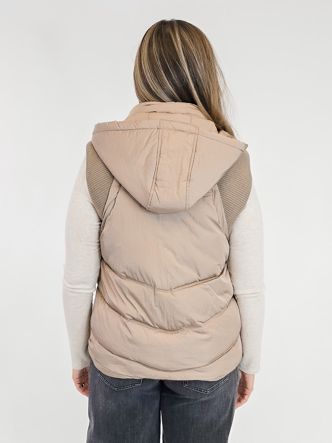 HOODED PUFFER VEST W/SWEATER RIB DETAIL - TAUPE