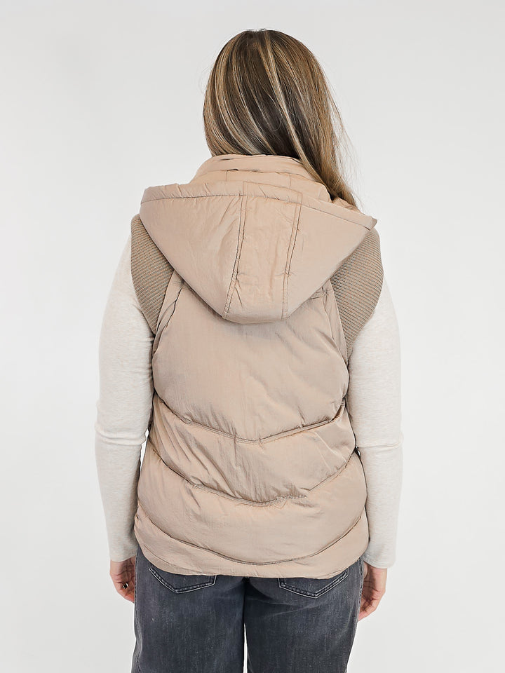 HOODED PUFFER VEST W/SWEATER RIB DETAIL - TAUPE