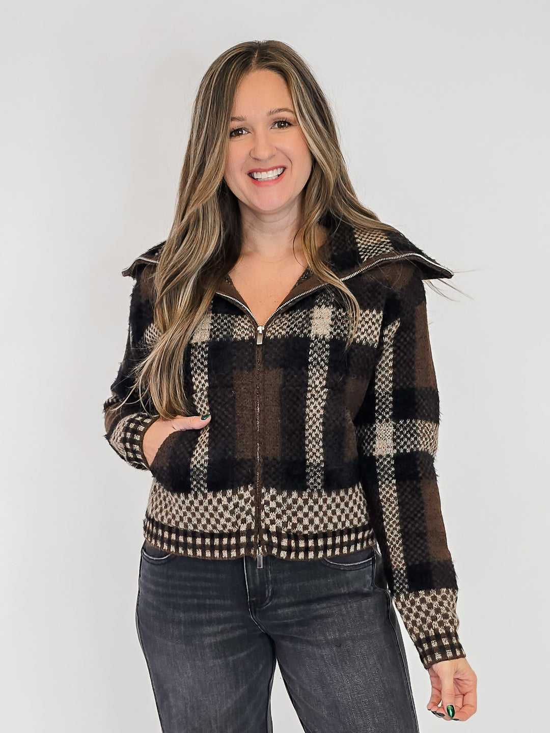 PLAID KNIT ZIP UP JACKET - BROWN