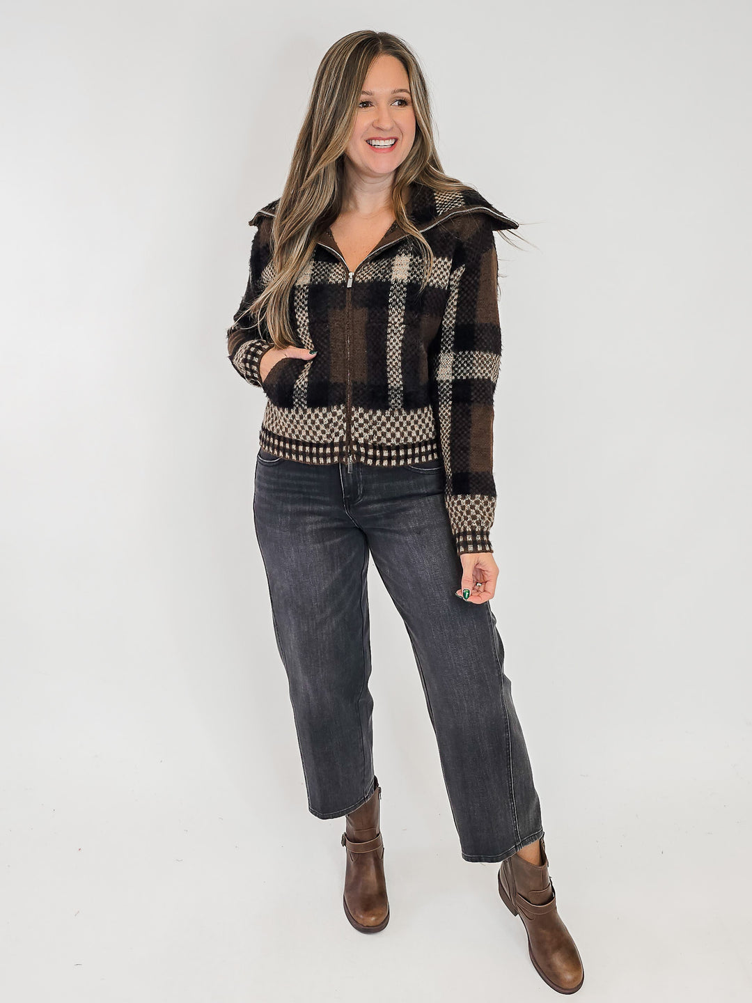 PLAID KNIT ZIP UP JACKET - BROWN