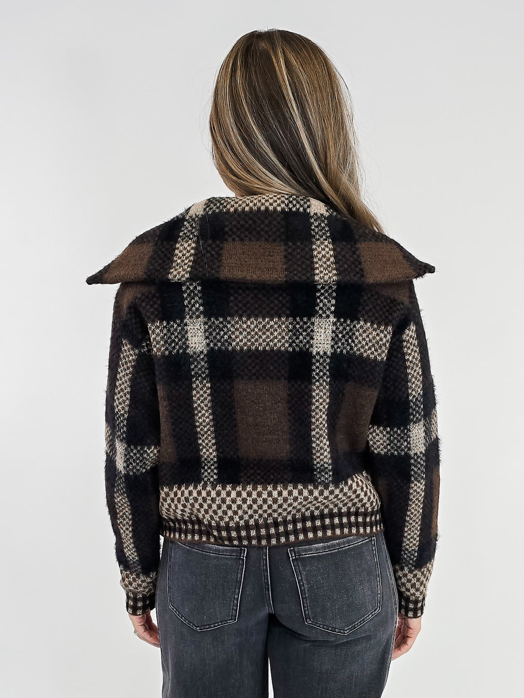 PLAID KNIT ZIP UP JACKET - BROWN