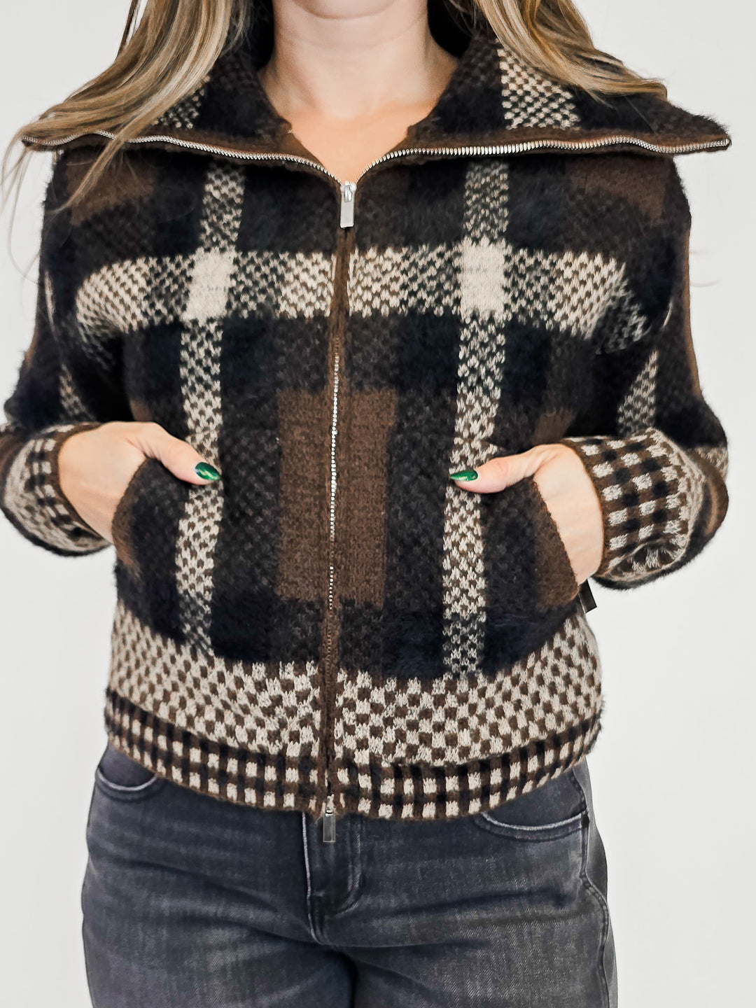 PLAID KNIT ZIP UP JACKET - BROWN