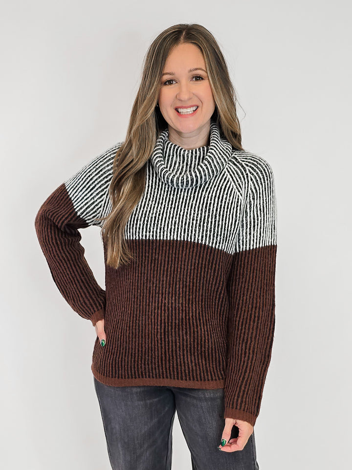 STRIPED COWL NECK KNIT SWEATER - BLACK/BROWN